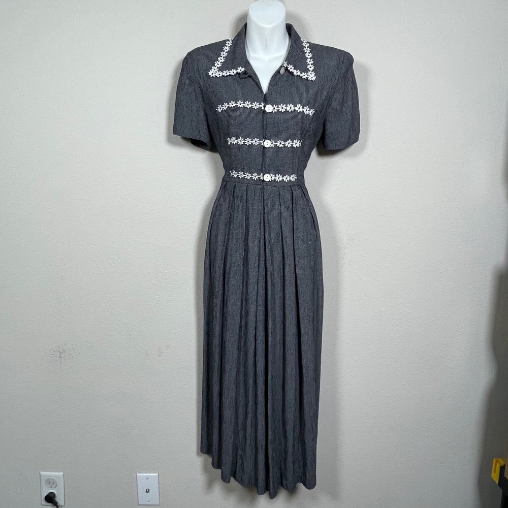 Jessica Howard Dress Women 10 Black White Check Floral Lace Vintage Midi Pleated